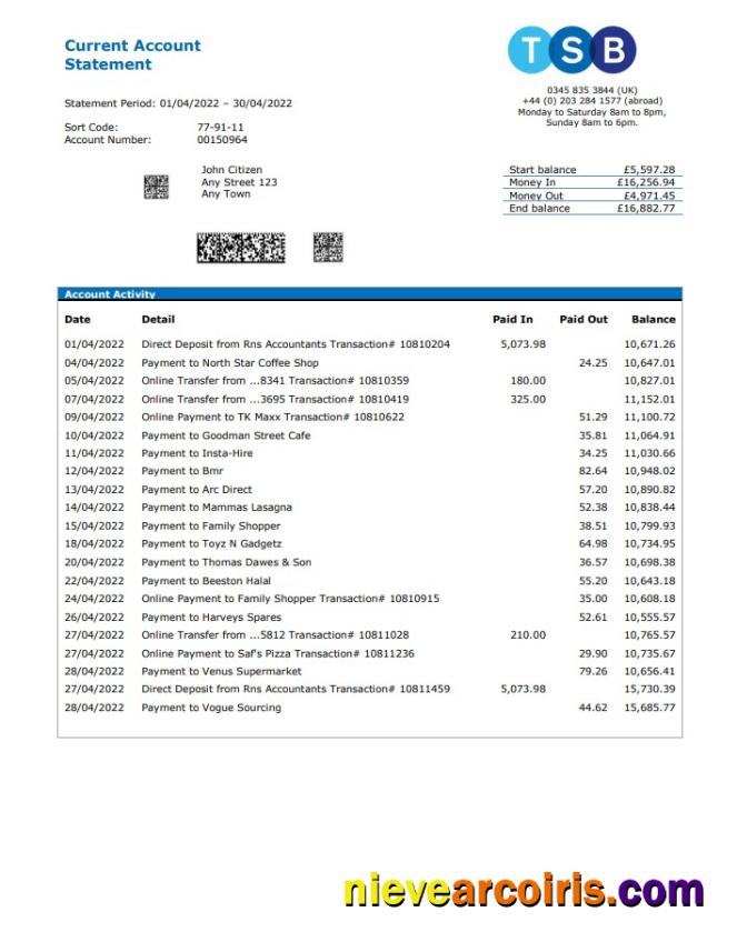 United Kingdom TSB bank statement, Word and PDF